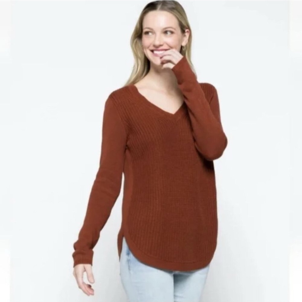 RD Style Josslyn V-Neck Sweater Long Sleeve Rust Orange Brown